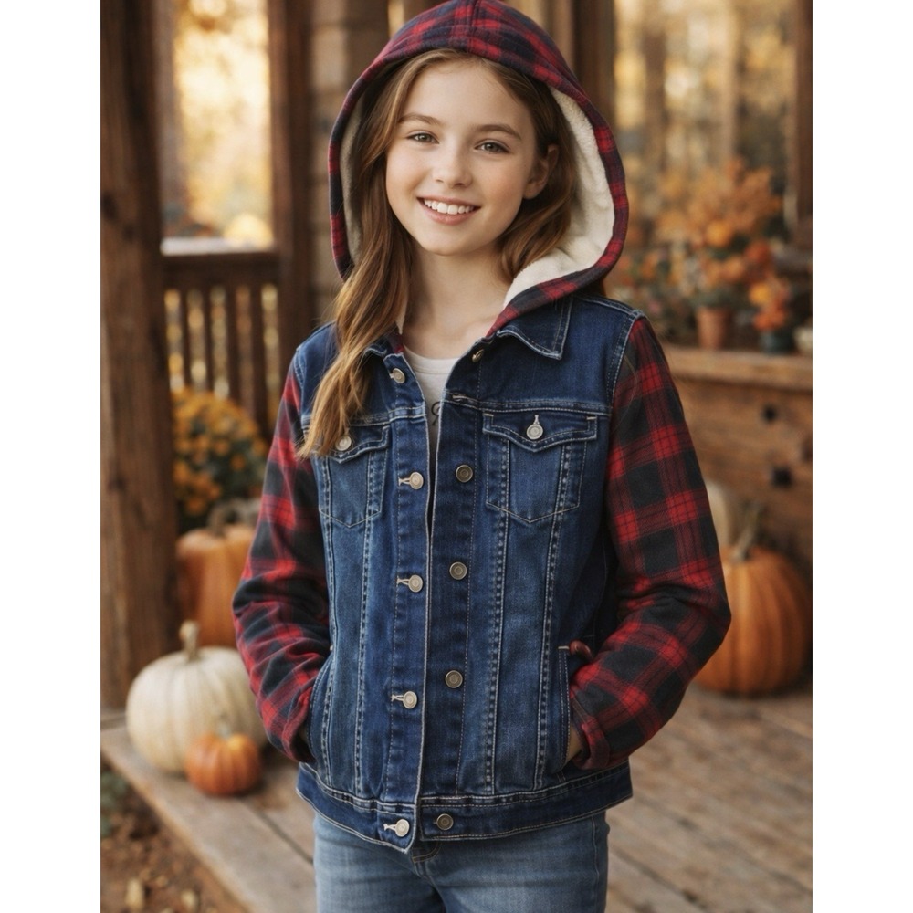 No Boundaries Denim Plaid Hoodie Jacket Youth Girls L (12–14) Country Cabin Cute